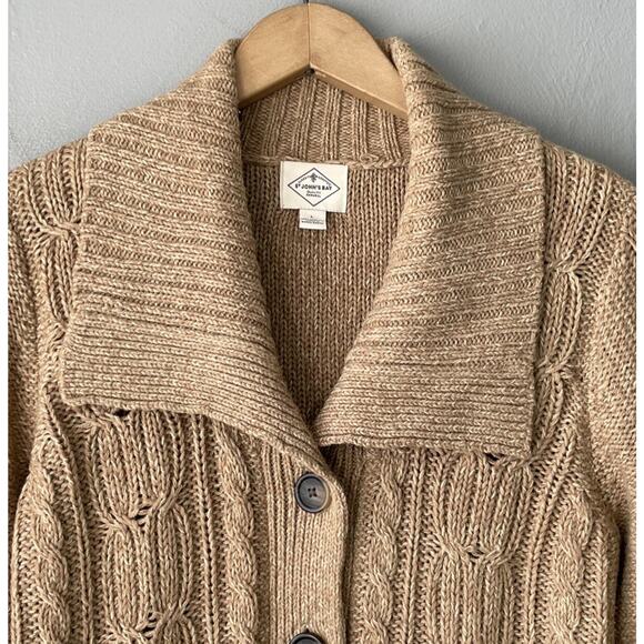 Y2K Cable Knit Cardigan Size Large Tan Button Sweater Pockets Chunky Academia - Picture 3 of 9